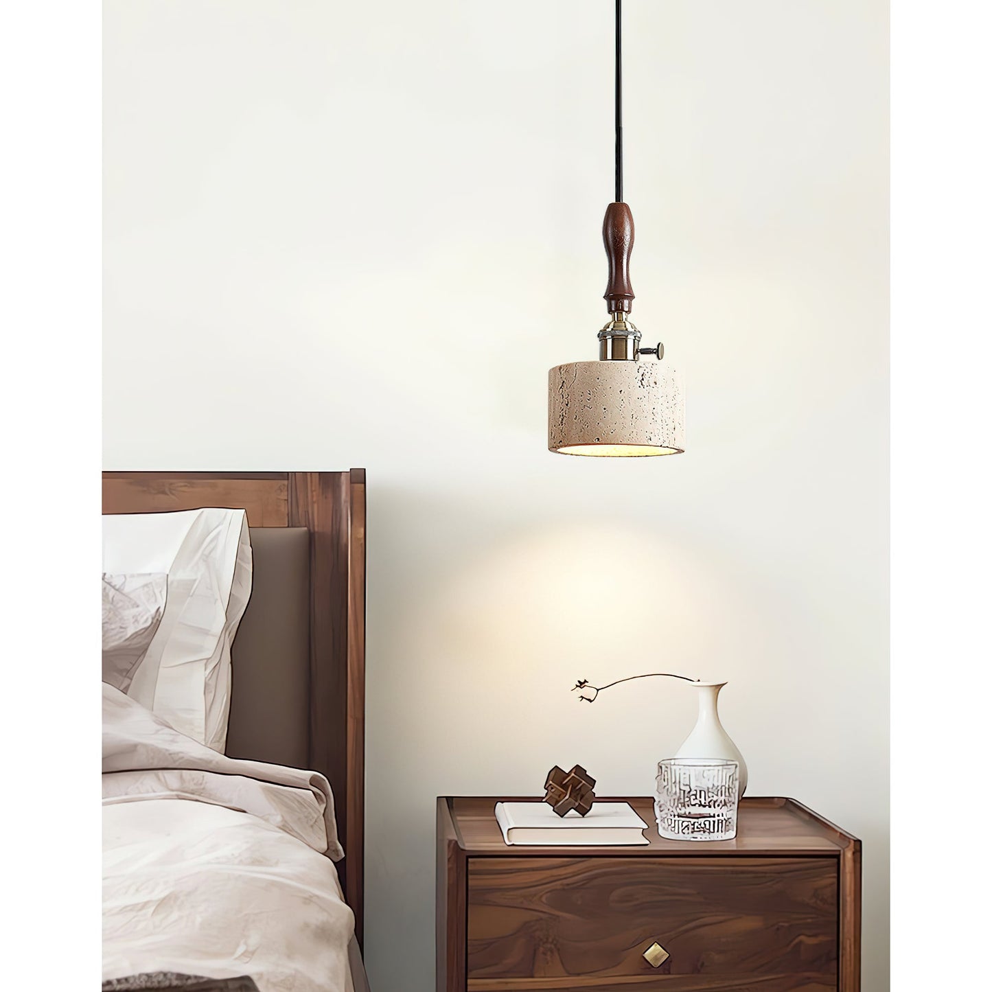 Franciska Pendant Lamp - Travertine Stone & Solid Walnut Wood Minimalist Light