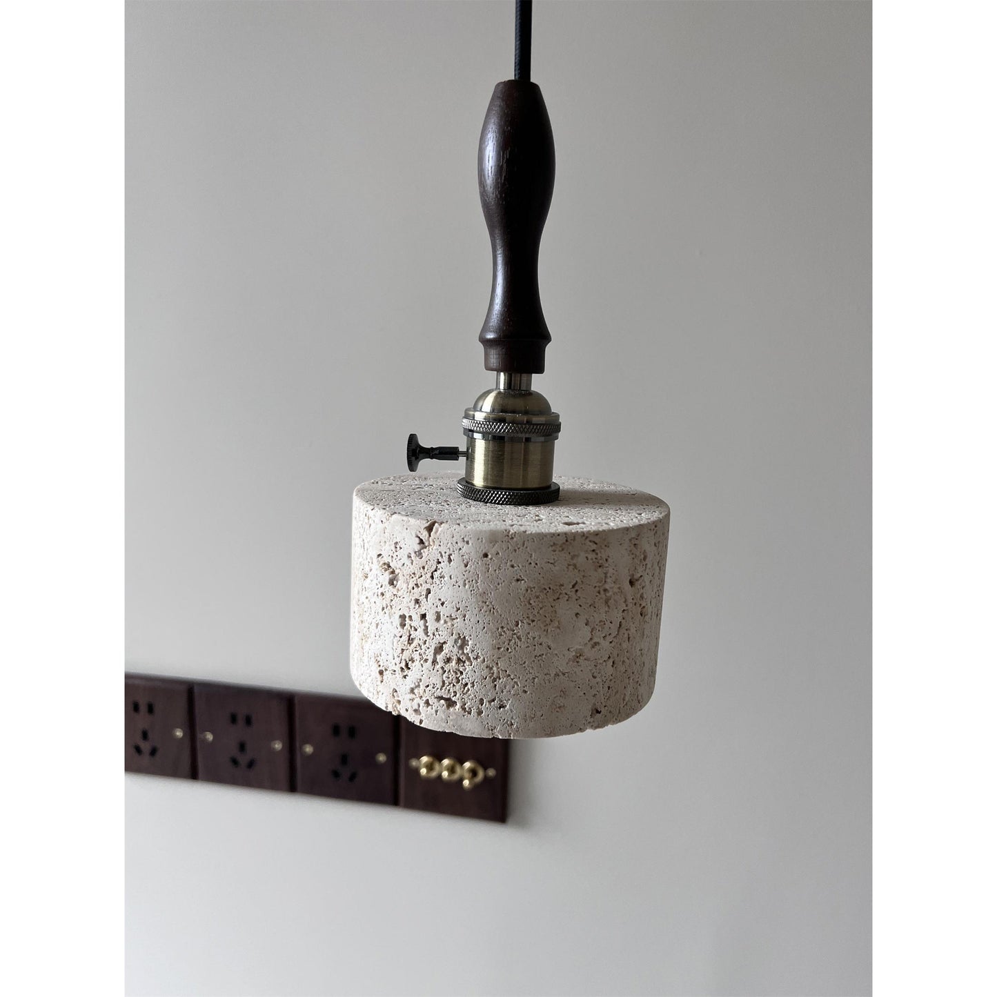 Franciska Pendant Lamp - Travertine Stone & Solid Walnut Wood Minimalist Light