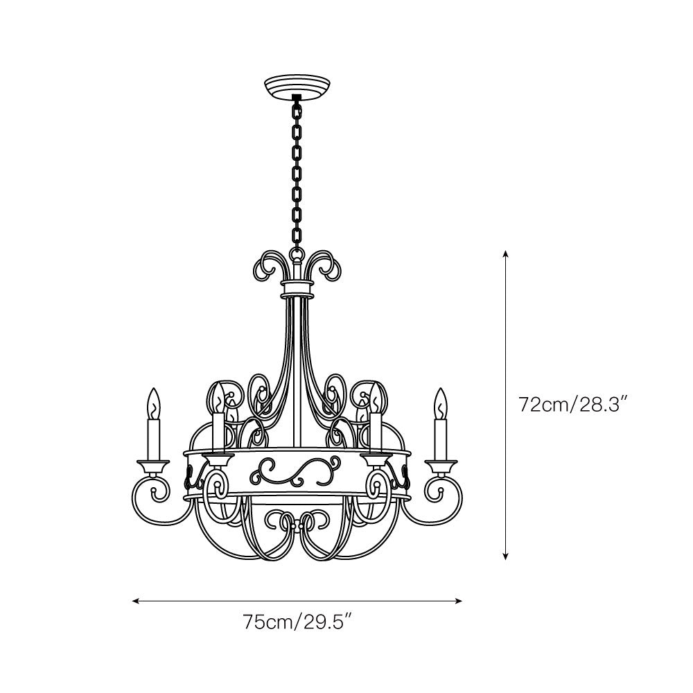 Franklin Rust Candlestick Chandelier - Vintage Scrollwork 6-Light Iron Chandelier