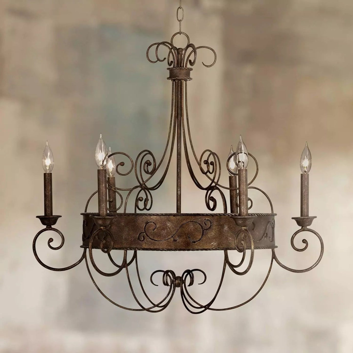 Franklin Rust Candlestick Chandelier - Vintage Scrollwork 6-Light Iron Chandelier