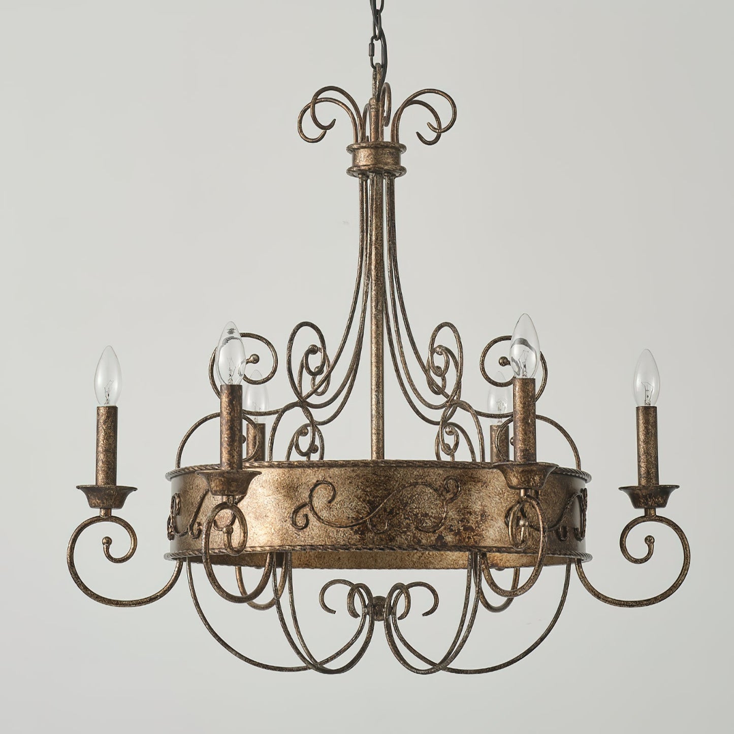 Franklin Rust Candlestick Chandelier - Vintage Scrollwork 6-Light Iron Chandelier