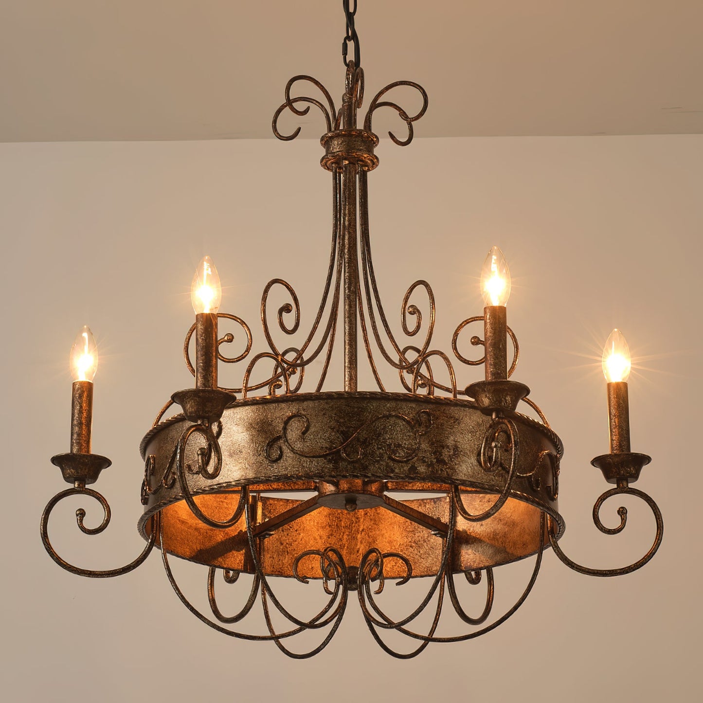 Franklin Rust Candlestick Chandelier - Vintage Scrollwork 6-Light Iron Chandelier