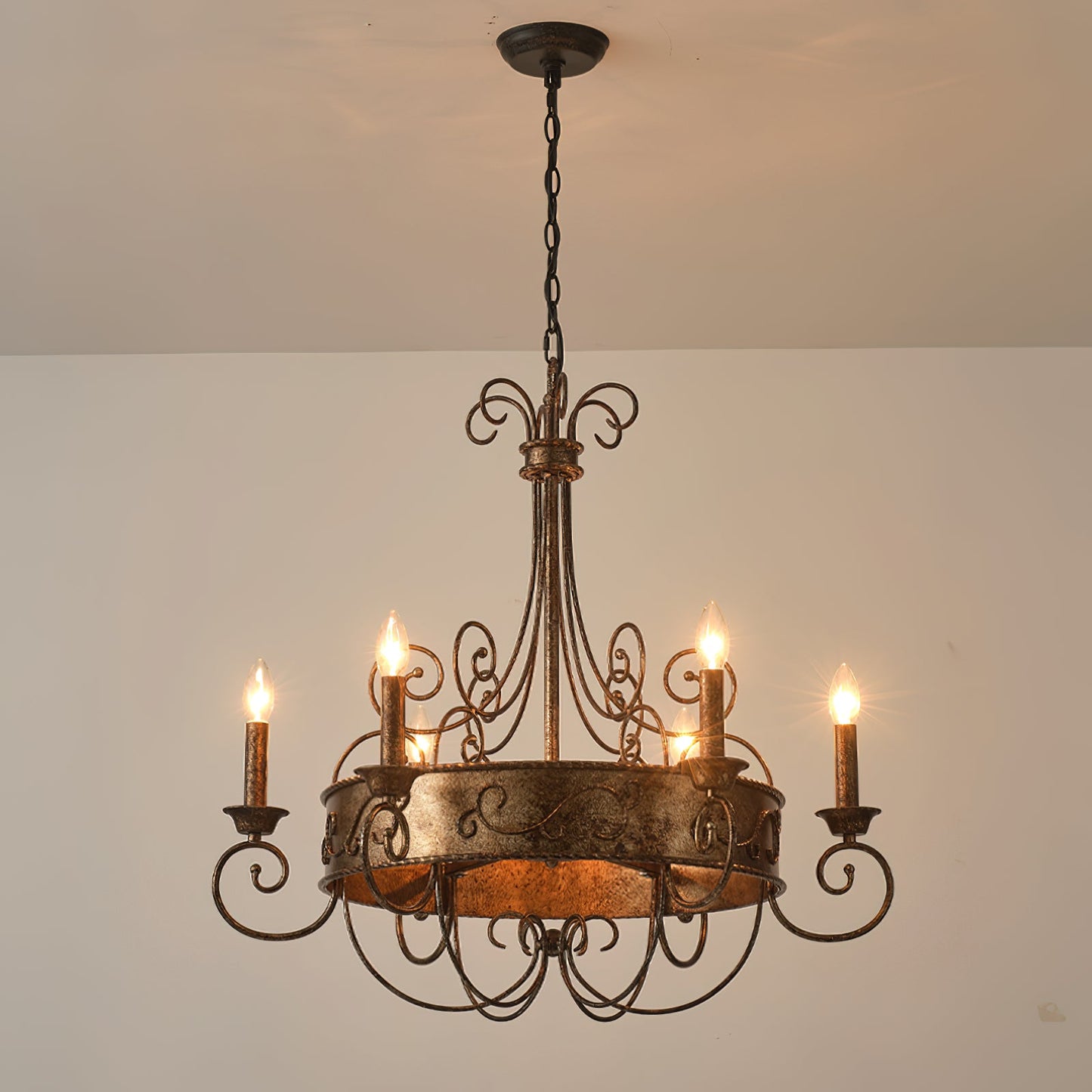 Franklin Rust Candlestick Chandelier - Vintage Scrollwork 6-Light Iron Chandelier