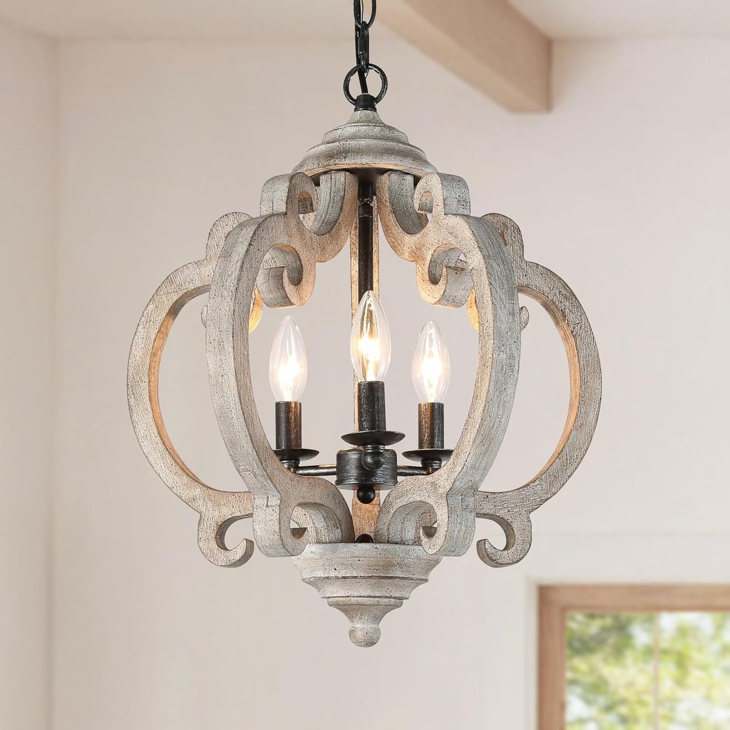 Freemont Pendant Lamp - Weathered White Wood Lantern Chandelier