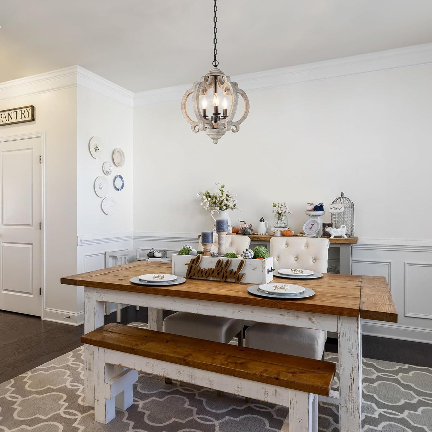 Freemont Pendant Lamp - Weathered White Wood Lantern Chandelier