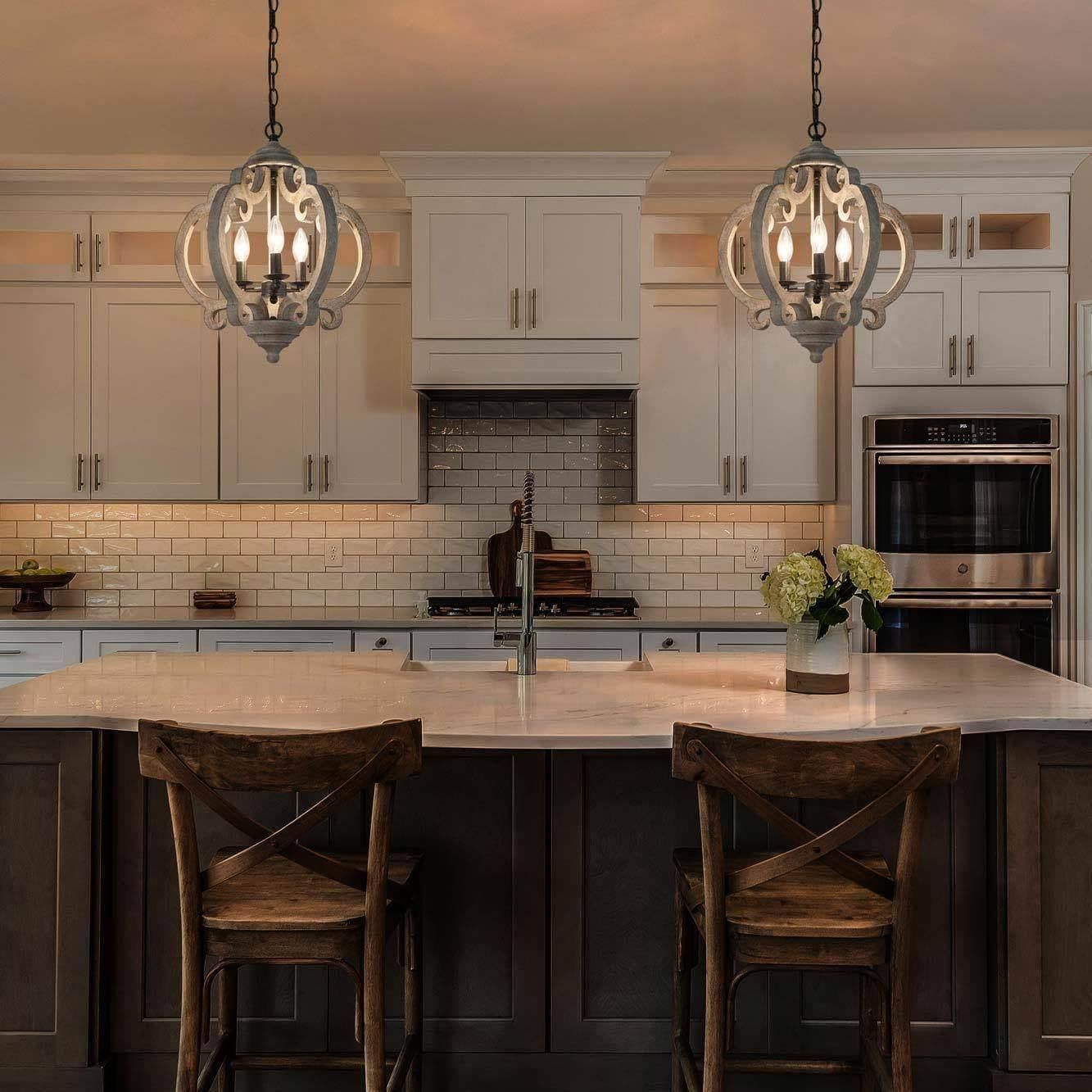 Freemont Pendant Lamp - Weathered White Wood Lantern Chandelier