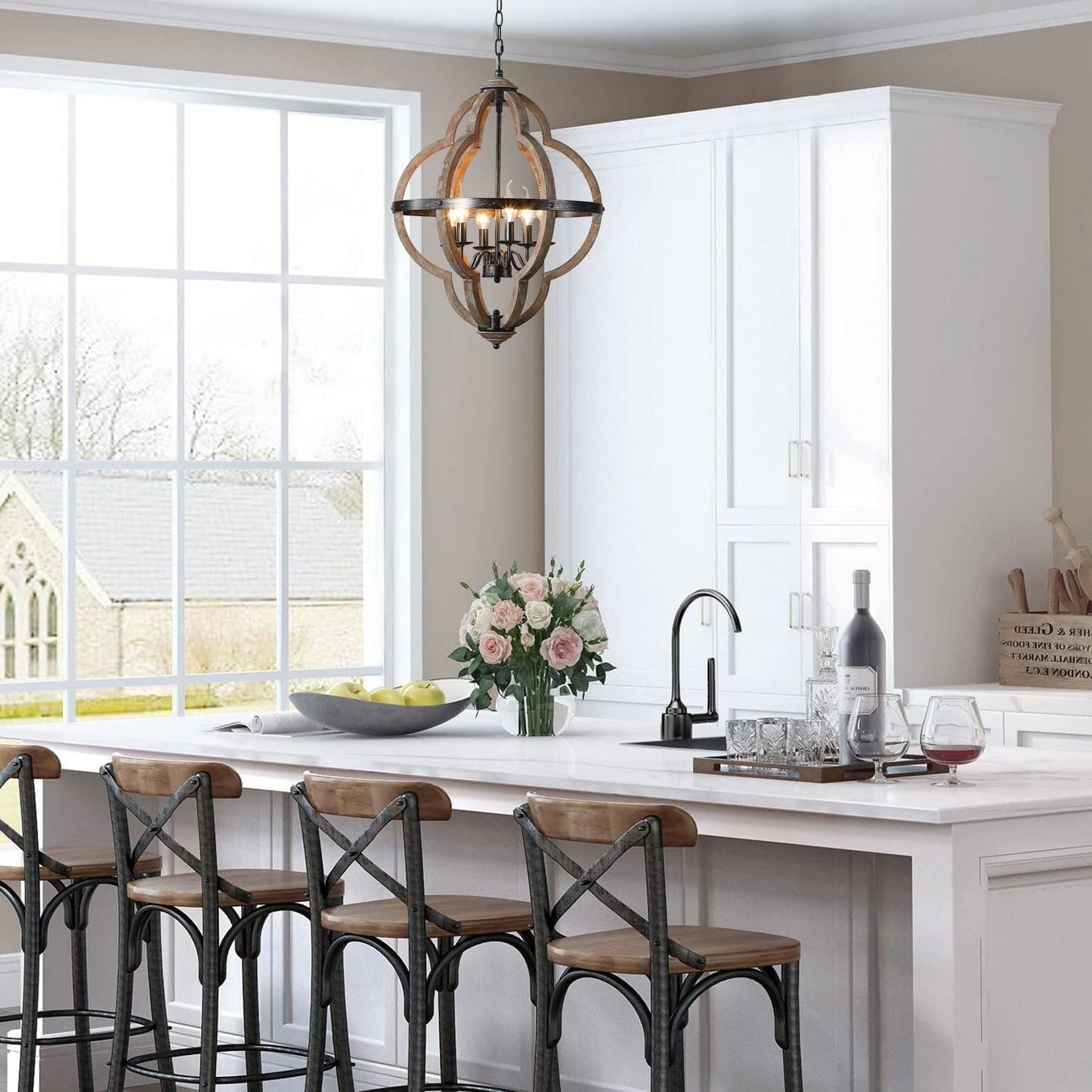 Freemont Wood Pendant Lamp - Farmhouse Clover Open Frame Wood Chandelier