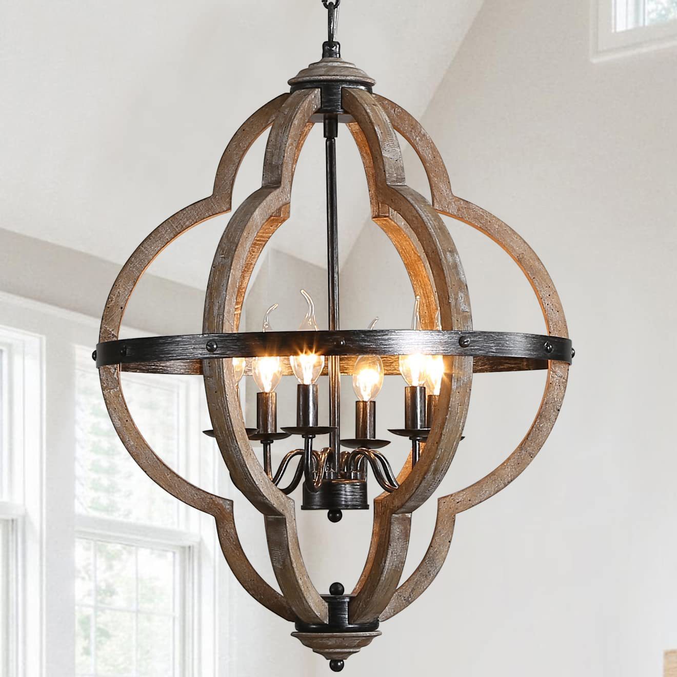 Freemont Wood Pendant Lamp - Farmhouse Clover Open Frame Wood Chandelier