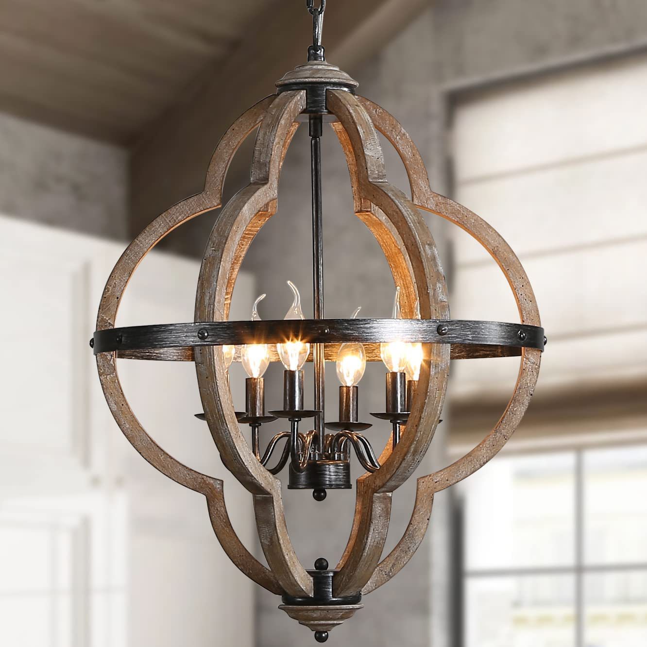 Freemont Wood Pendant Lamp - Farmhouse Clover Open Frame Wood Chandelier