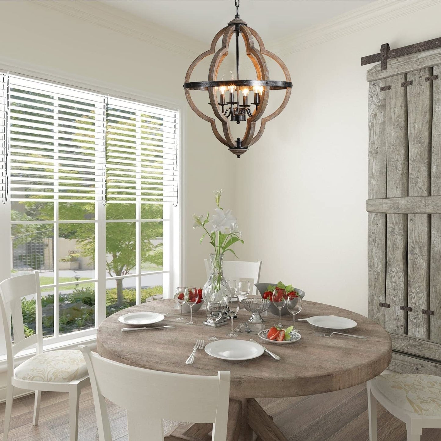Freemont Wood Pendant Lamp - Farmhouse Clover Open Frame Wood Chandelier