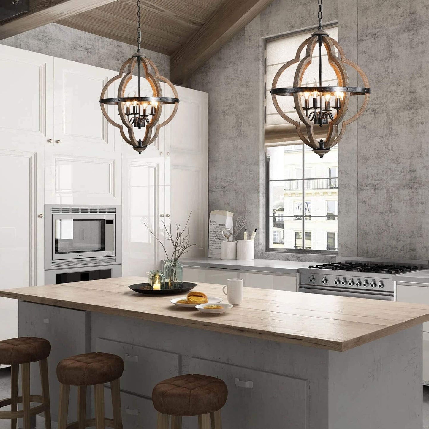 Freemont Wood Pendant Lamp - Farmhouse Clover Open Frame Wood Chandelier