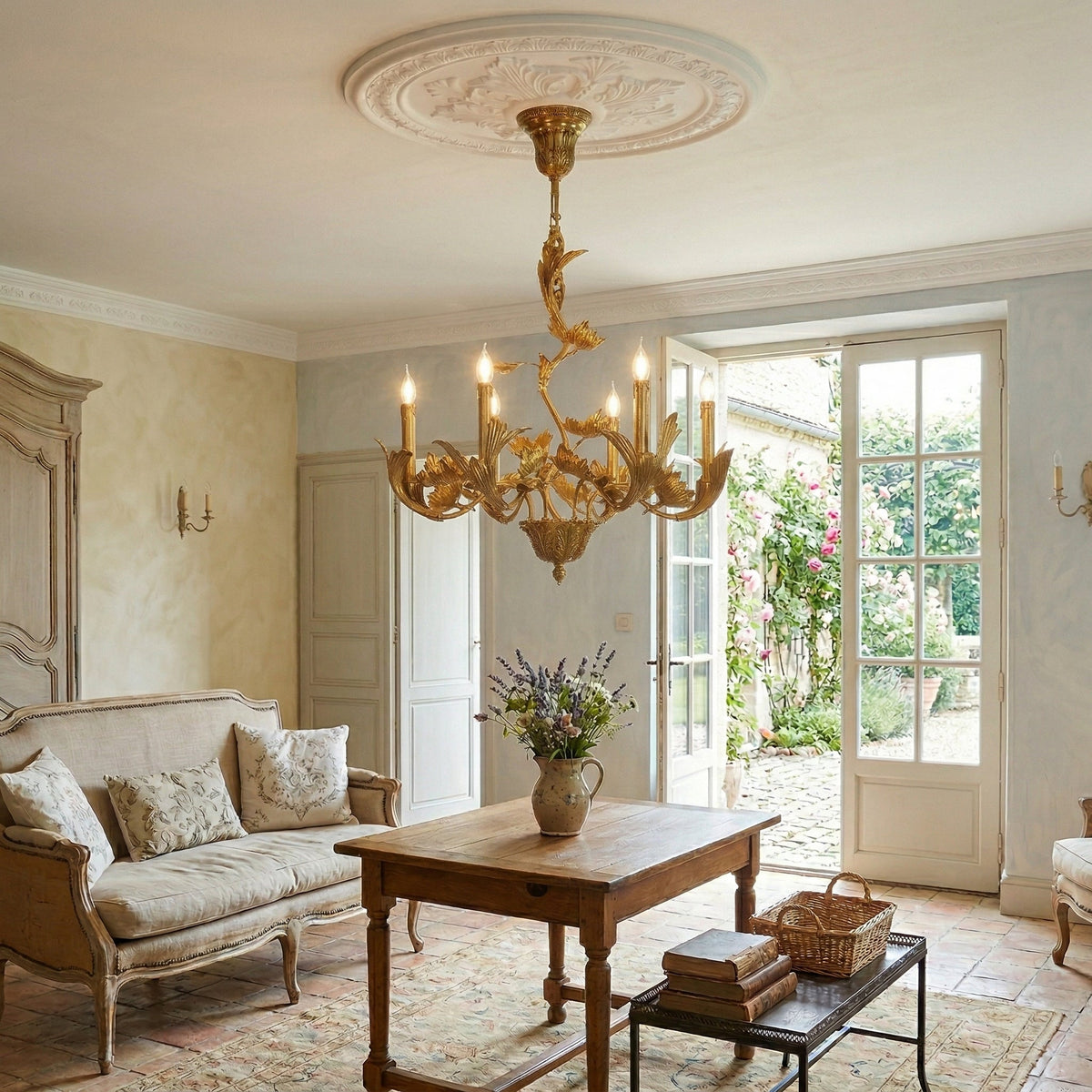 Borgia Brass Chandelier – Classical French Provincial Leaf Motif Brass Chandelier