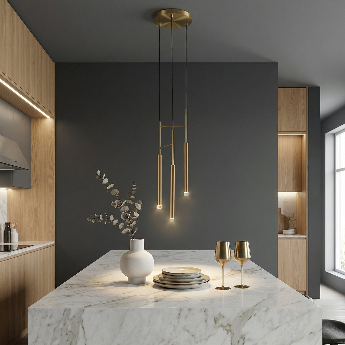 Candle Chandelier – Slim Brass & Acrylic Candle-Inspired LED Pendant Light