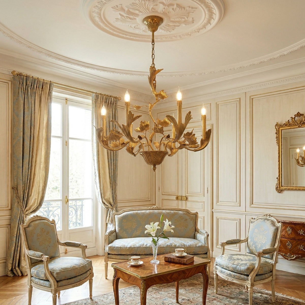Borgia Brass Chandelier – Classical French Provincial Leaf Motif Brass Chandelier