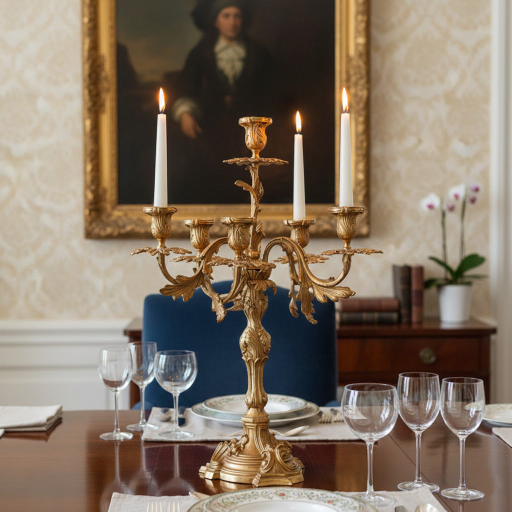 French Brass Seven-Light Candelabra - Hand-Finished Antique Tabletop Candle Holder