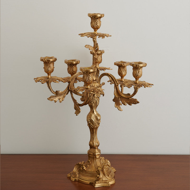 French Brass Seven-Light Candelabra - Hand-Finished Antique Tabletop Candle Holder