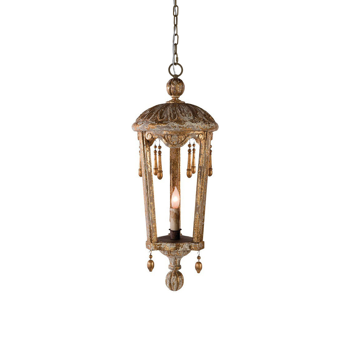 French Woodcarving Lantern Pendant Lamp - Hand-Carved Gold Leaf Antique Chandelier