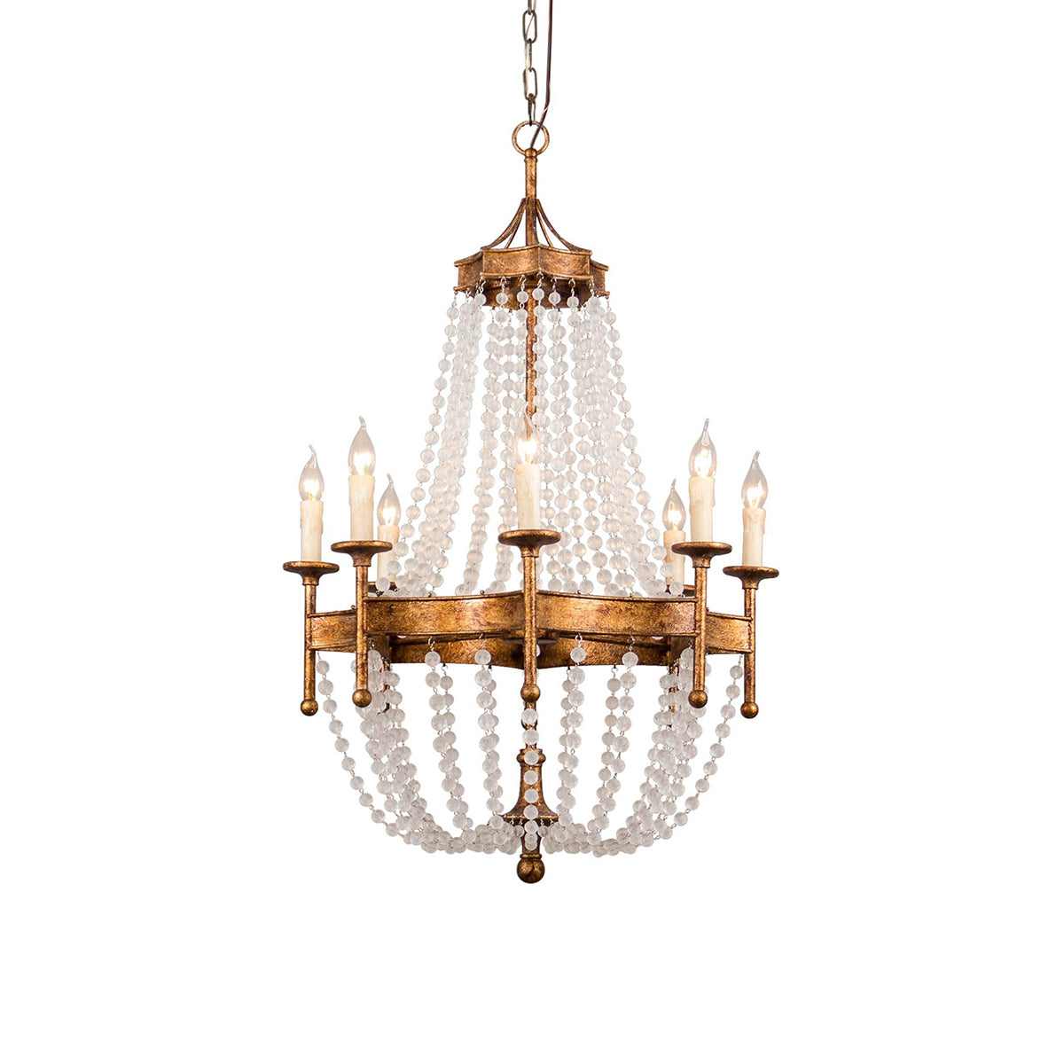 Frosted Crystal Bead Chandelier - Antique Brass Quatrefoil Coastal Pendant