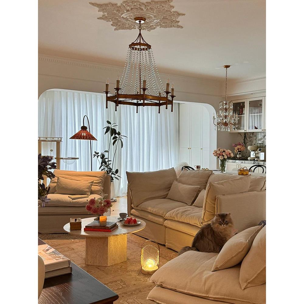Frosted Crystal Bead Chandelier - Antique Brass Quatrefoil Coastal Pendant