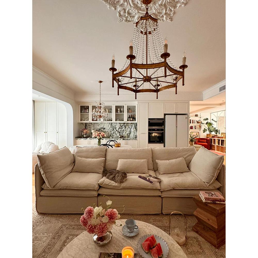 Frosted Crystal Bead Chandelier - Antique Brass Quatrefoil Coastal Pendant