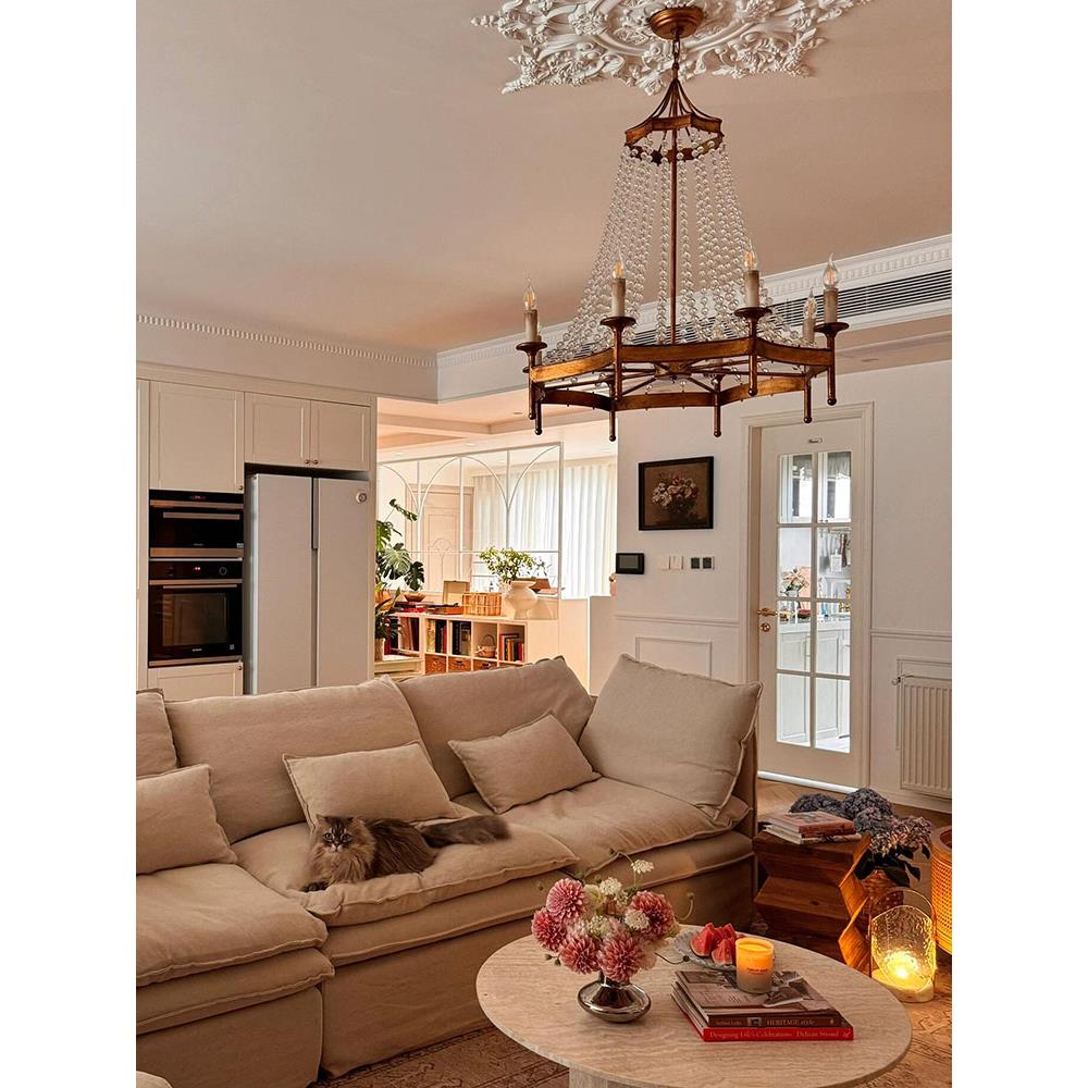 Frosted Crystal Bead Chandelier - Antique Brass Quatrefoil Coastal Pendant