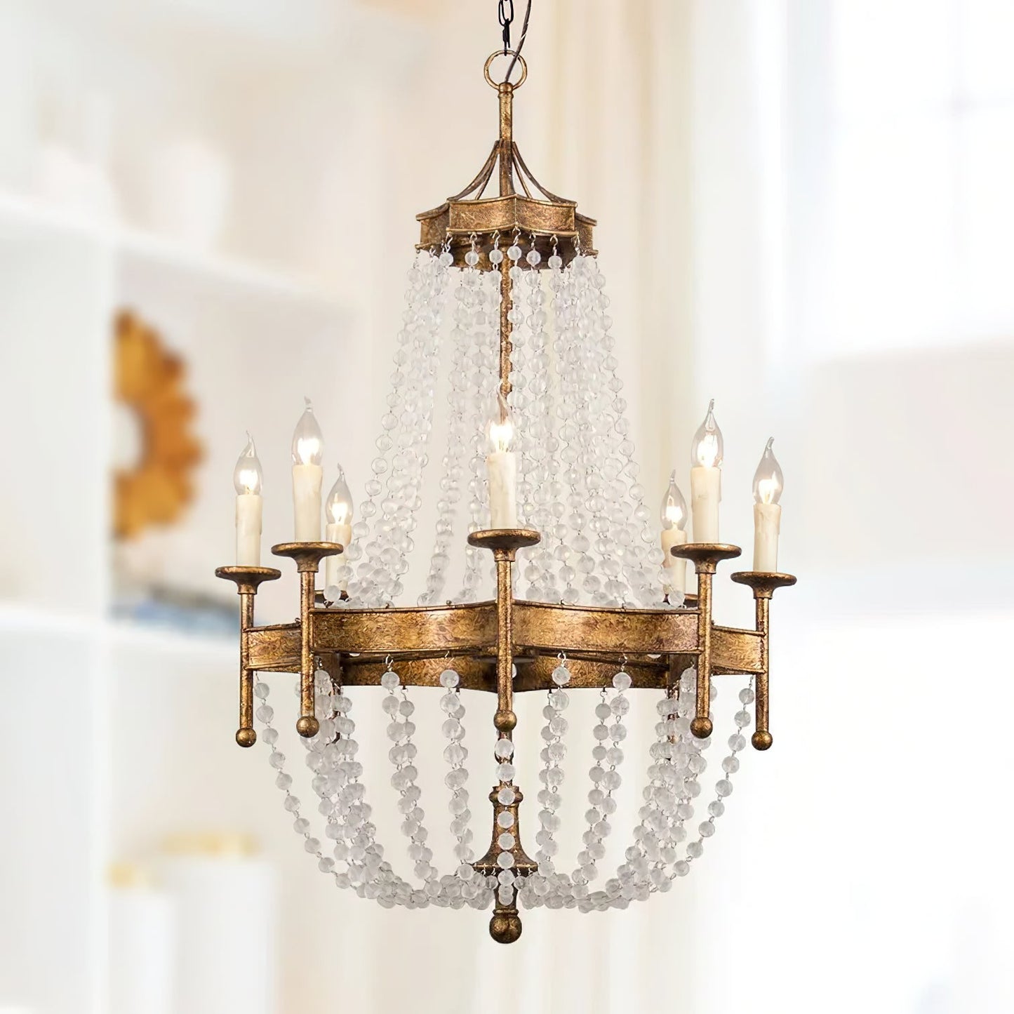 Frosted Crystal Bead Chandelier - Antique Brass Quatrefoil Coastal Pendant