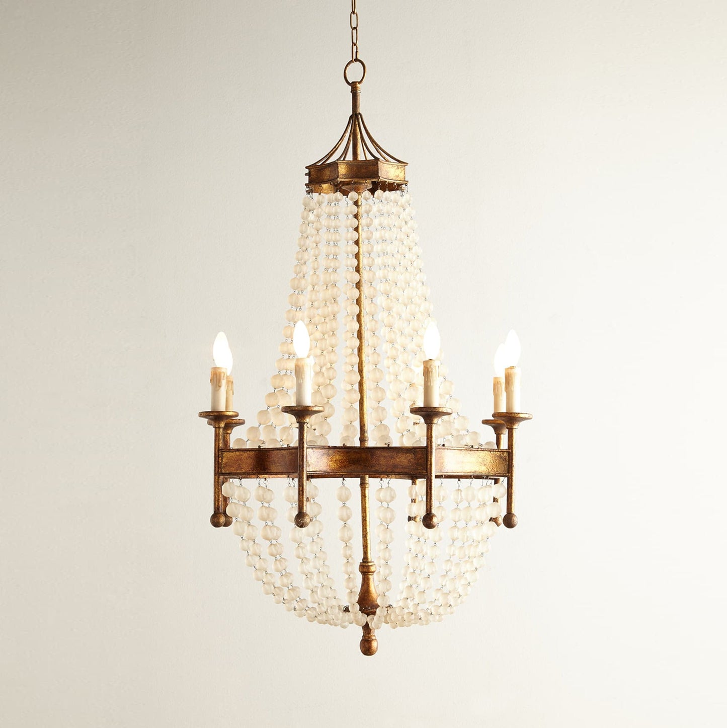 Frosted Crystal Bead Chandelier - Antique Brass Quatrefoil Coastal Pendant