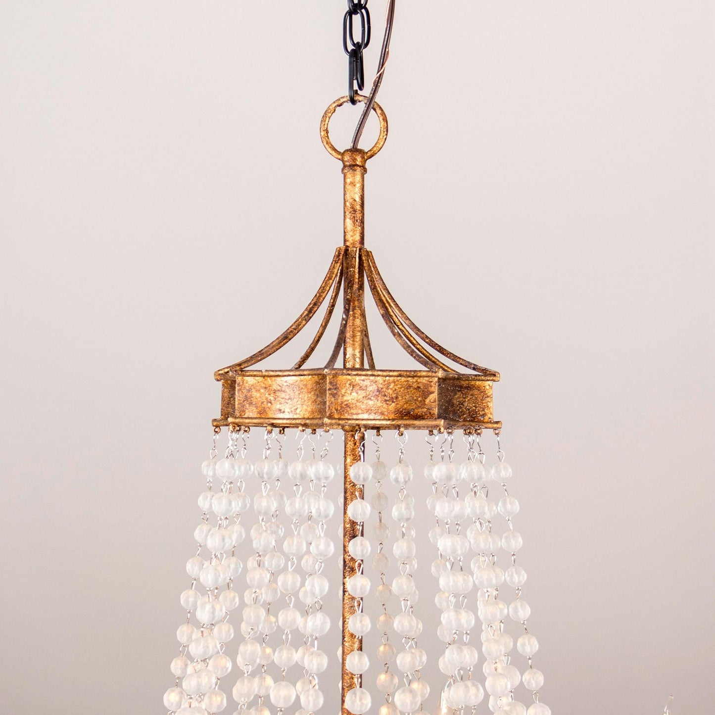 Frosted Crystal Bead Chandelier - Antique Brass Quatrefoil Coastal Pendant