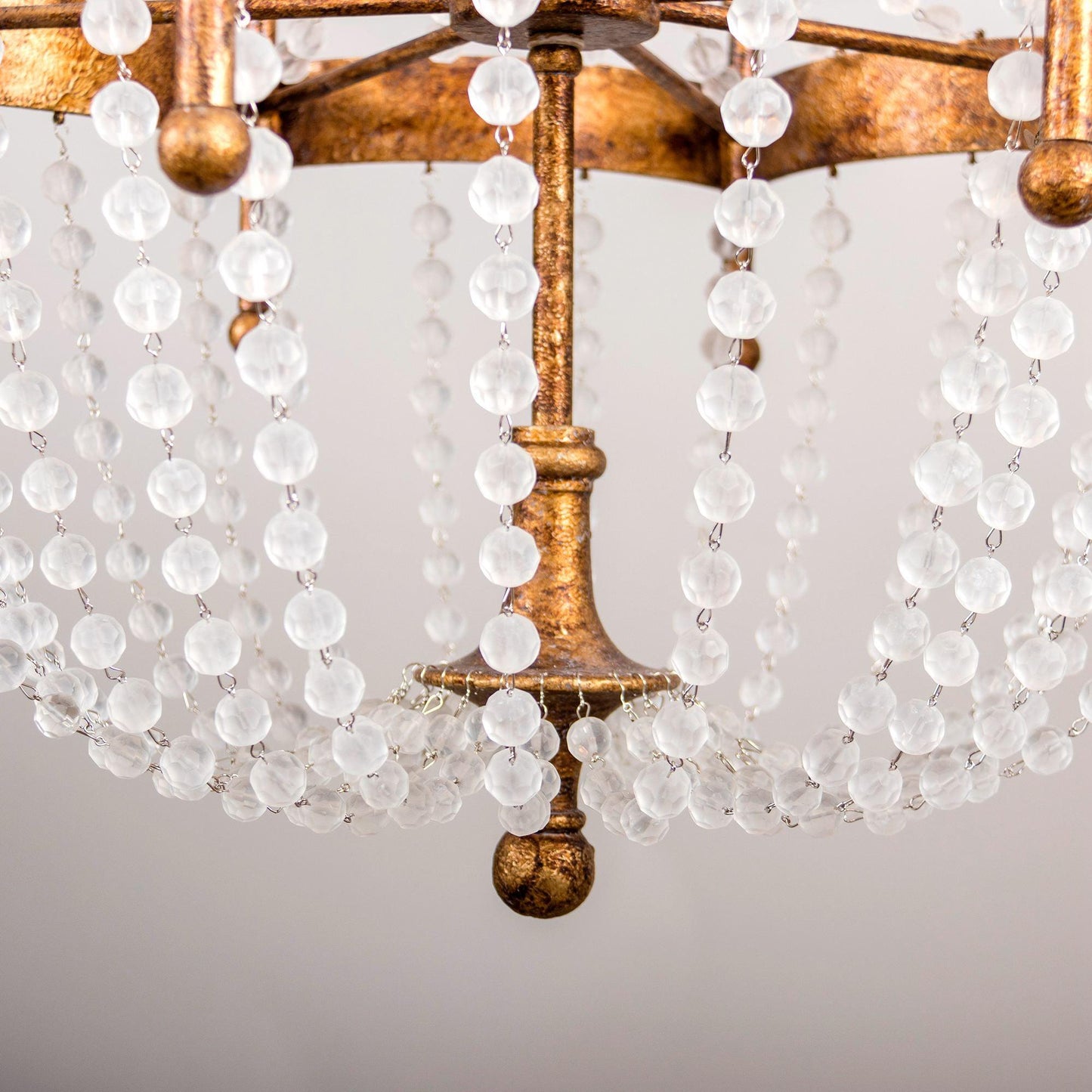 Frosted Crystal Bead Chandelier - Antique Brass Quatrefoil Coastal Pendant