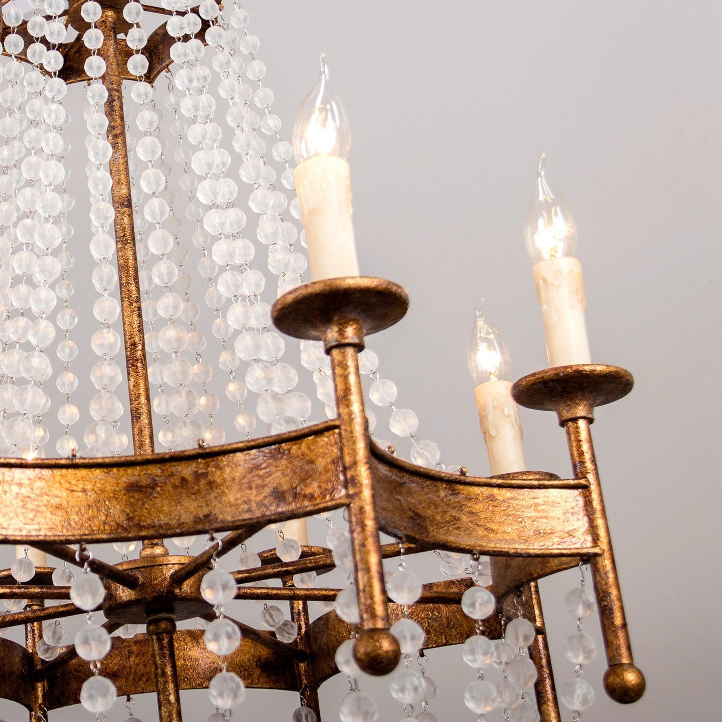 Frosted Crystal Bead Chandelier - Antique Brass Quatrefoil Coastal Pendant