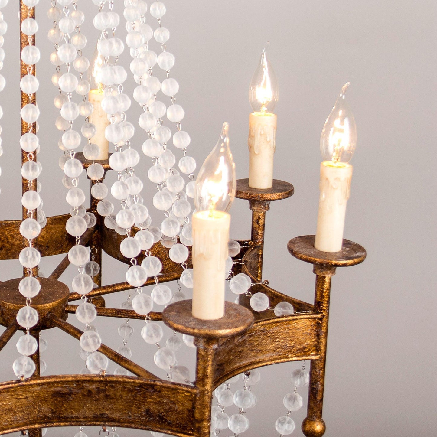 Frosted Crystal Bead Chandelier - Antique Brass Quatrefoil Coastal Pendant