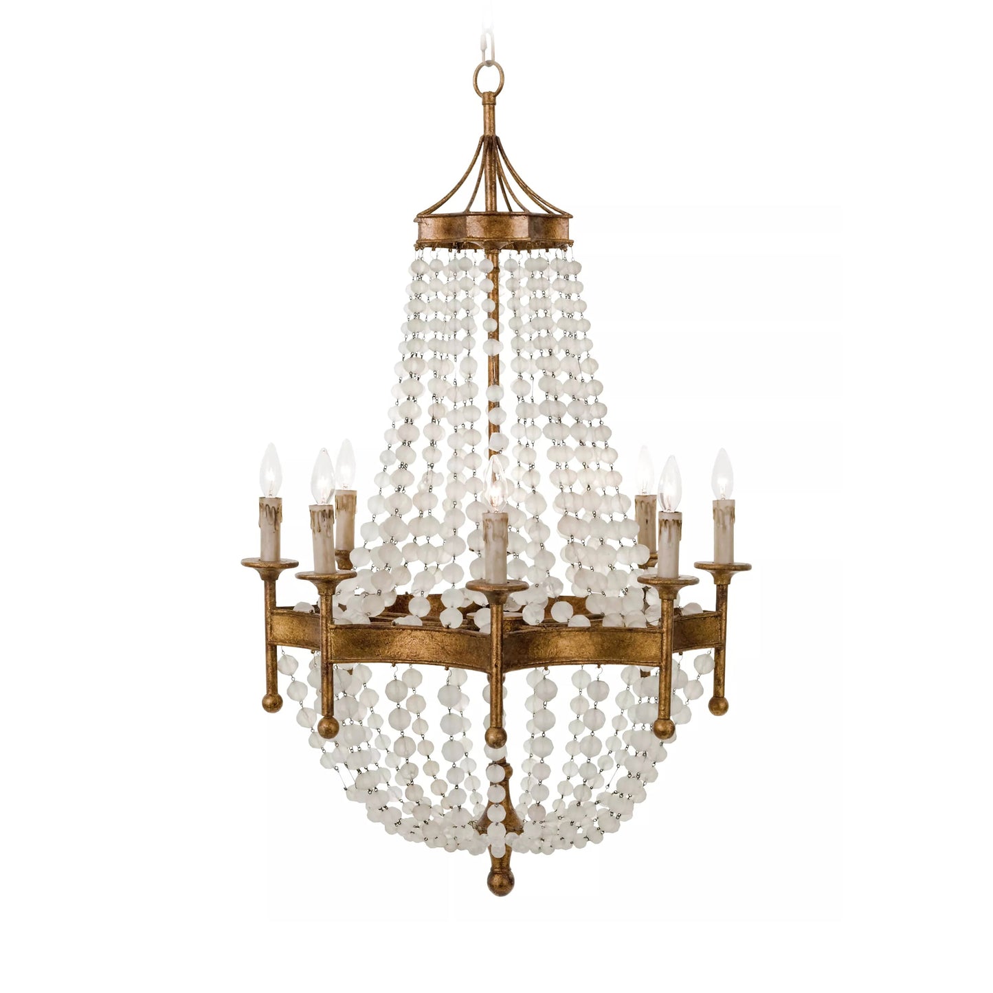 Frosted Crystal Bead Chandelier - Antique Brass Quatrefoil Coastal Pendant