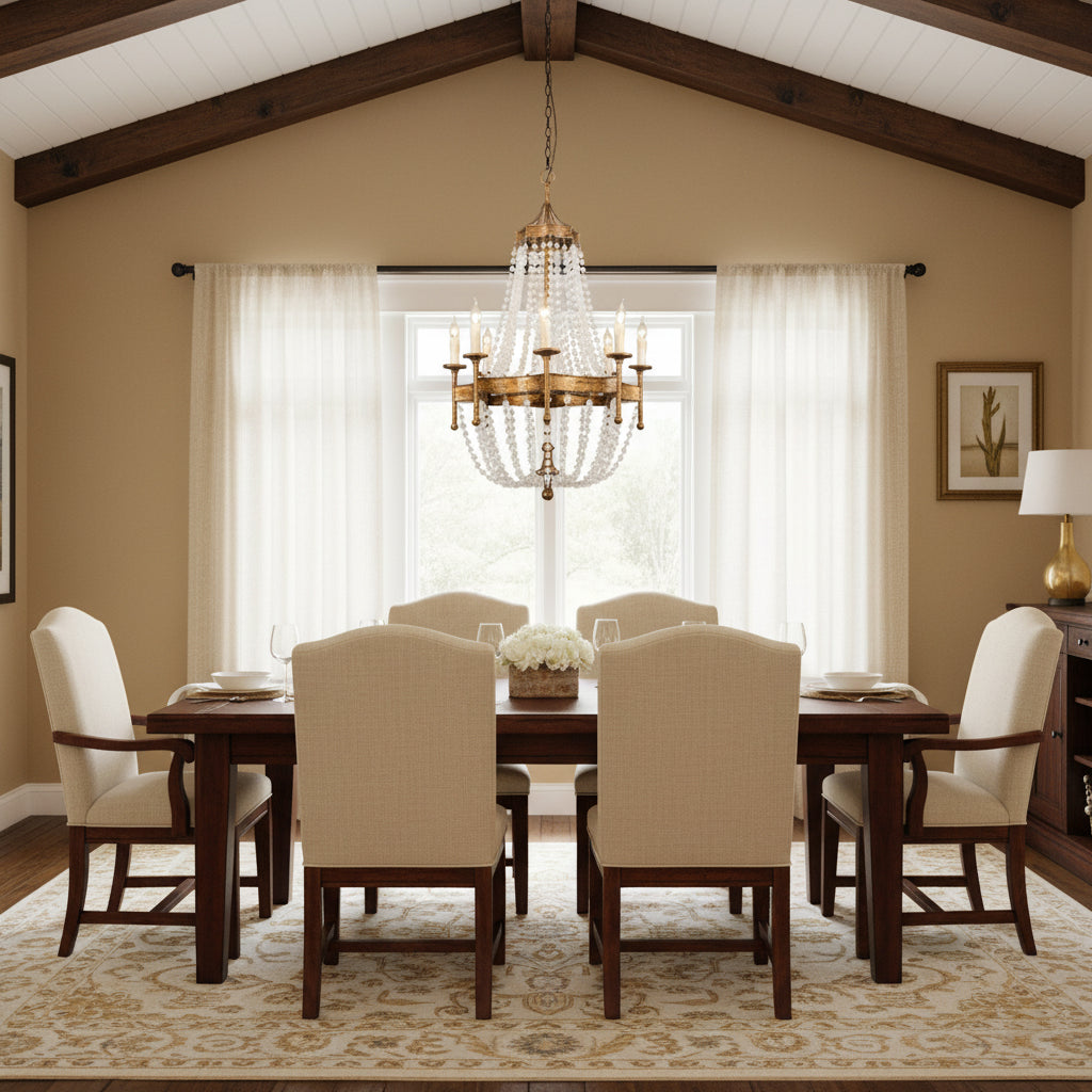 Frosted Crystal Bead Chandelier - Antique Brass Quatrefoil Coastal Pendant
