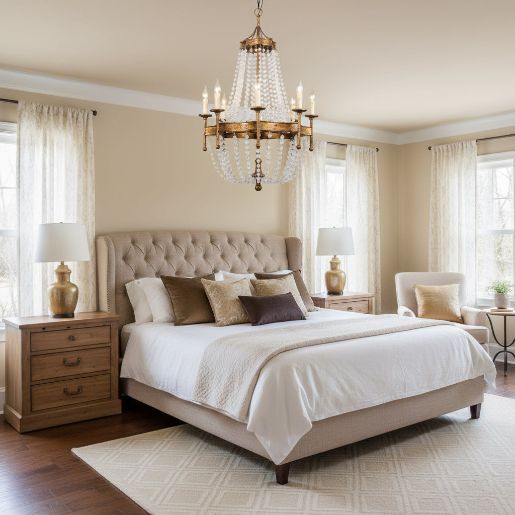 Frosted Crystal Bead Chandelier - Antique Brass Quatrefoil Coastal Pendant