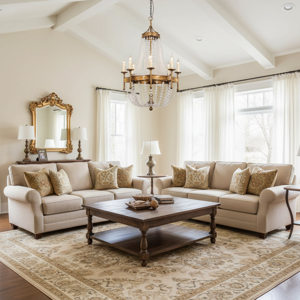 Frosted Crystal Bead Chandelier - Antique Brass Quatrefoil Coastal Pendant