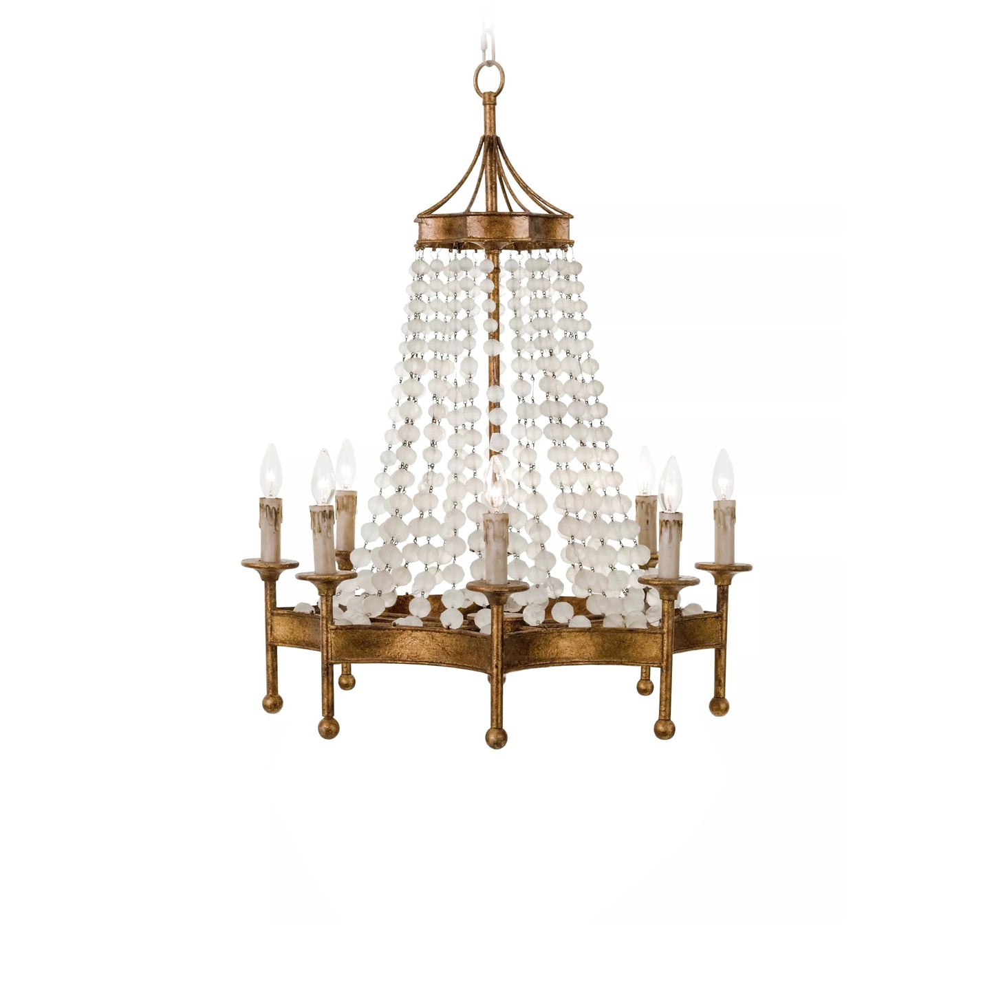Frosted Crystal Bead Chandelier - Antique Brass Quatrefoil Coastal Pendant