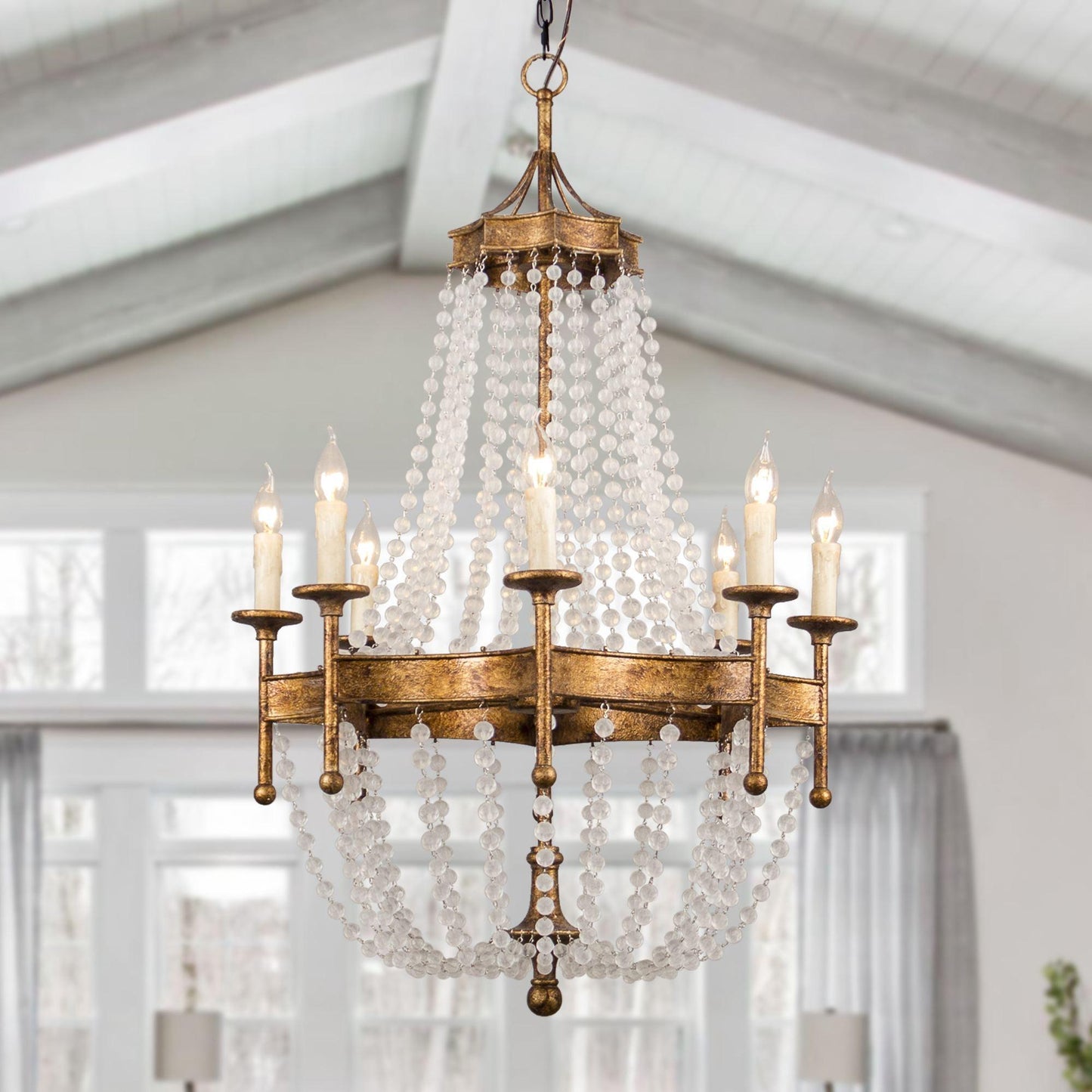 Frosted Crystal Bead Chandelier - Antique Brass Quatrefoil Coastal Pendant