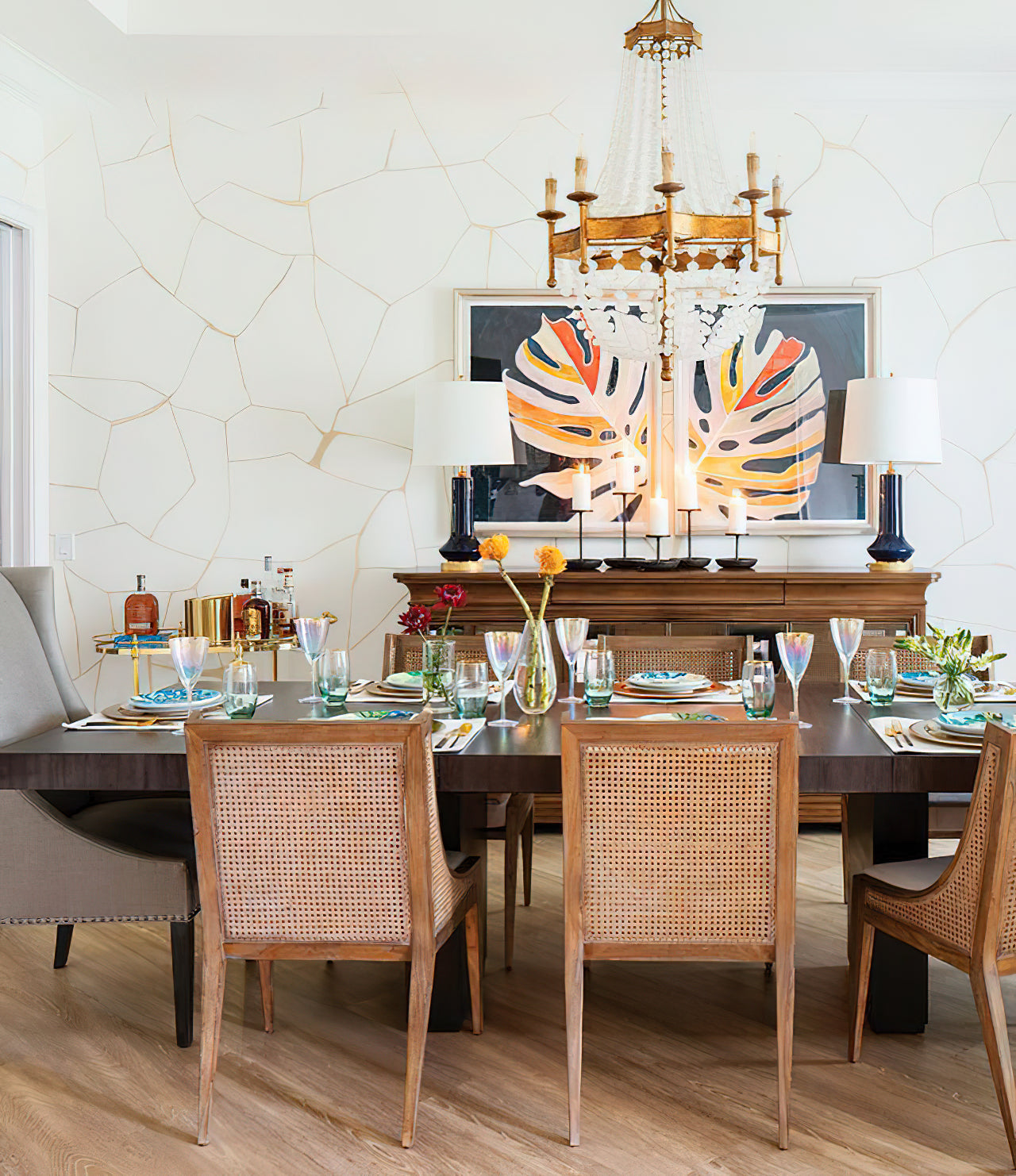 Frosted Crystal Bead Chandelier - Antique Brass Quatrefoil Coastal Pendant