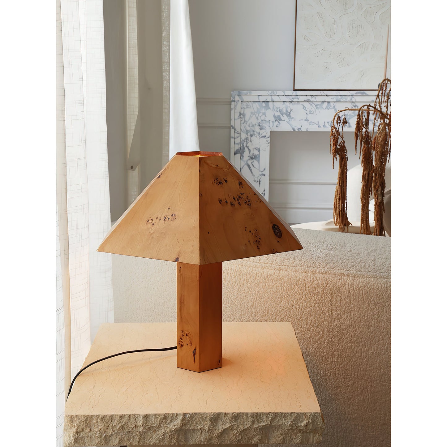 Gena Table Lamp - Organic Burl Bark Wood Base & Fabric Shade Accent Light