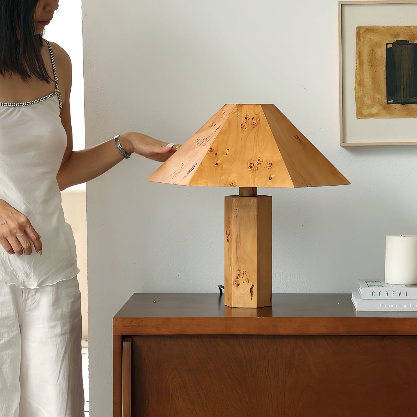 Gena Table Lamp - Organic Burl Bark Wood Base & Fabric Shade Accent Light