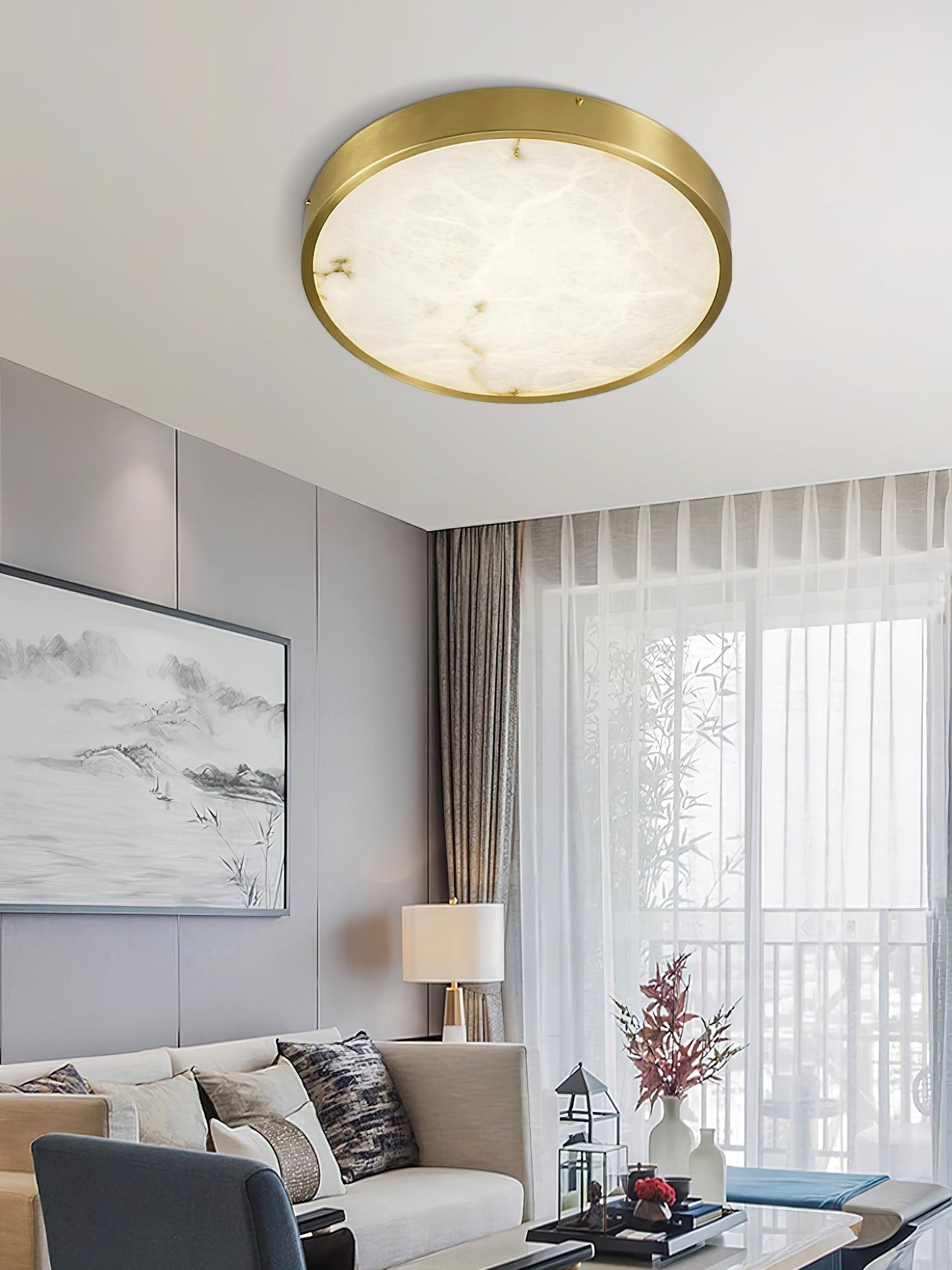 Geometric Alabaster Recessed Ceiling Light - Low-Profile Brass & Natural Alabaster LED Flush Mount