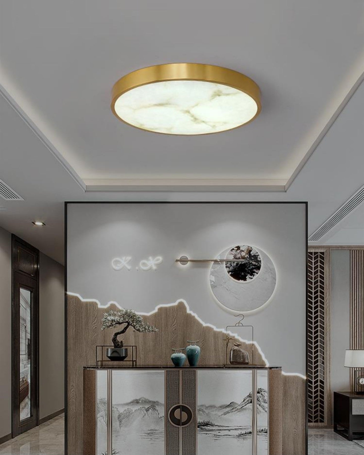 Geometric Alabaster Recessed Ceiling Light - Low-Profile Brass & Natural Alabaster LED Flush Mount