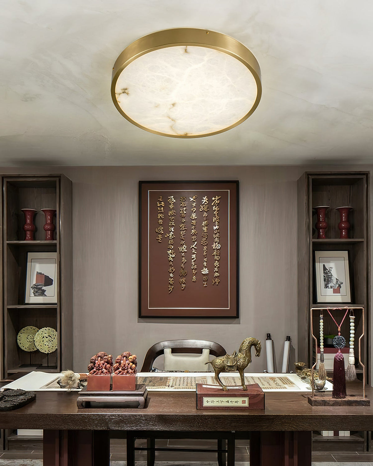 Geometric Alabaster Recessed Ceiling Light - Low-Profile Brass & Natural Alabaster LED Flush Mount