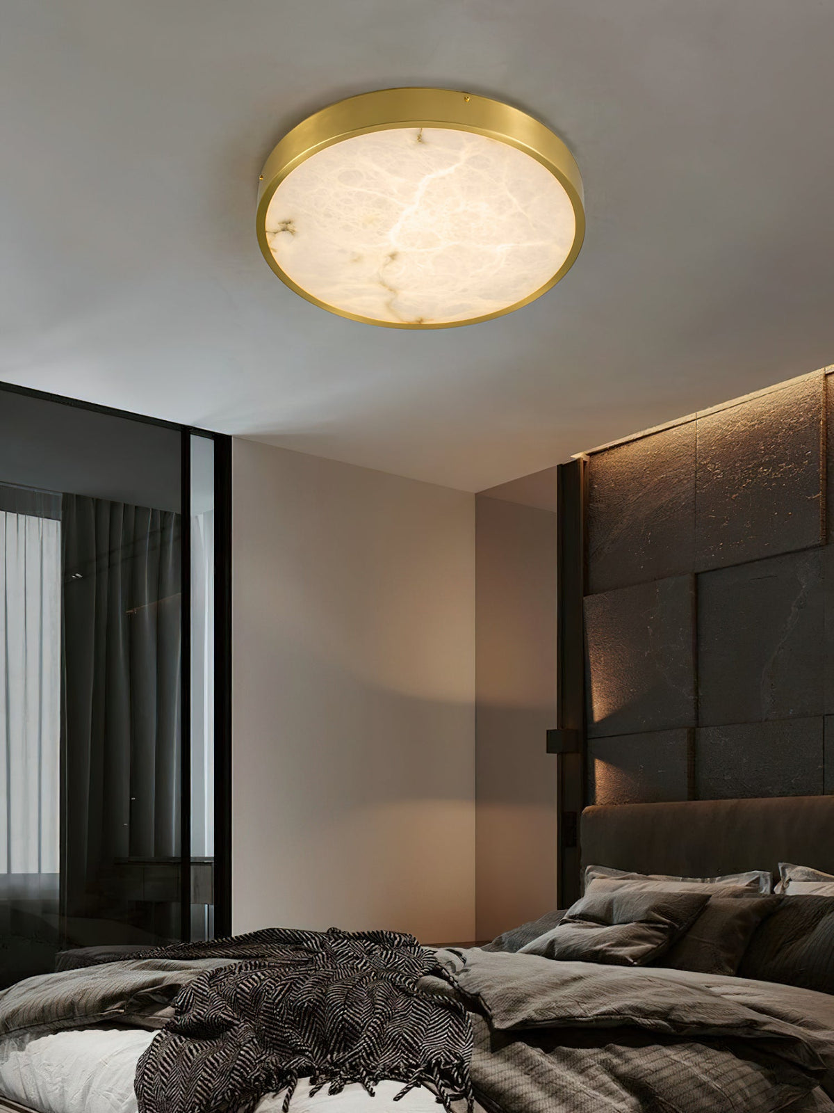 Geometric Alabaster Recessed Ceiling Light - Low-Profile Brass & Natural Alabaster LED Flush Mount