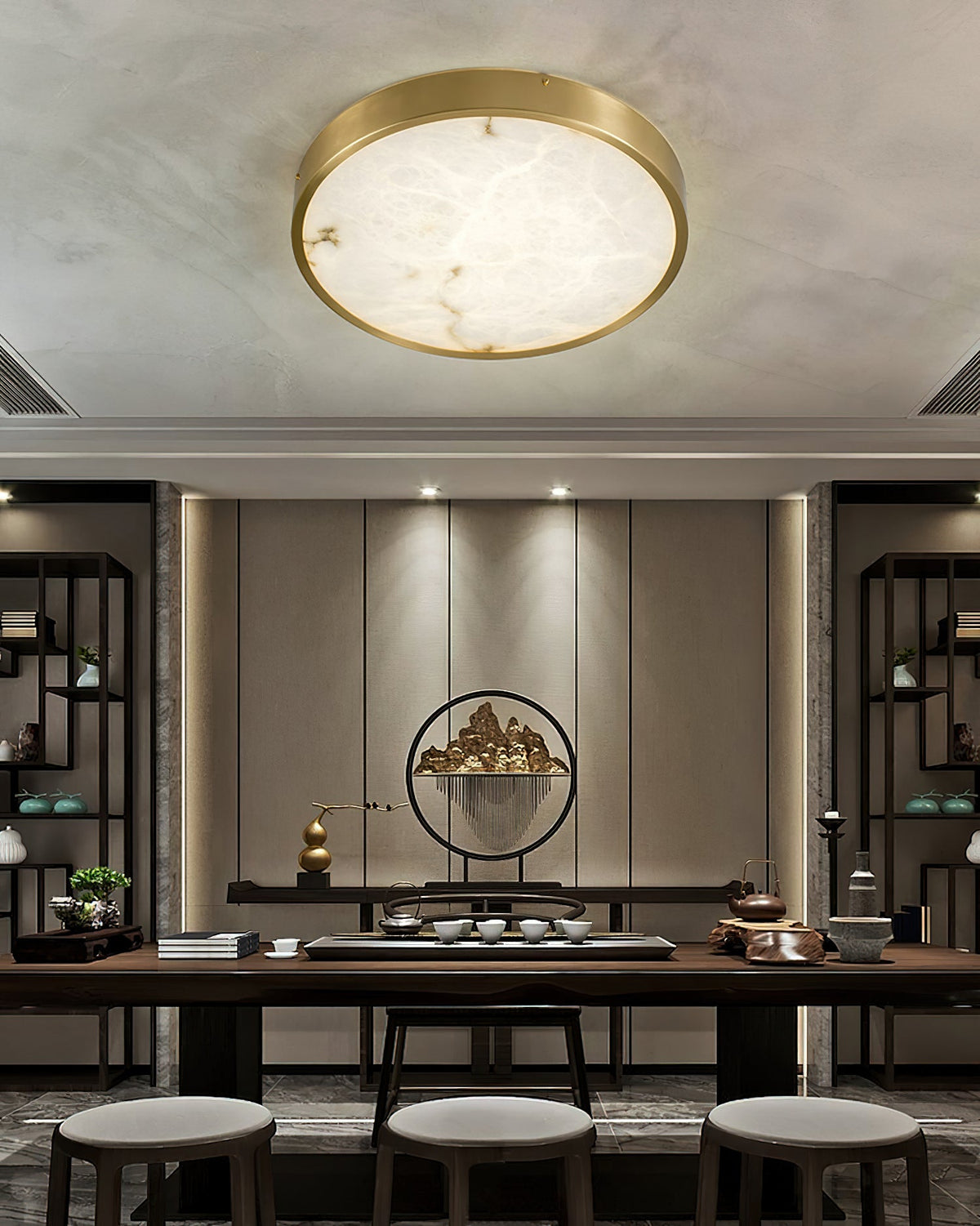 Geometric Alabaster Recessed Ceiling Light - Low-Profile Brass & Natural Alabaster LED Flush Mount