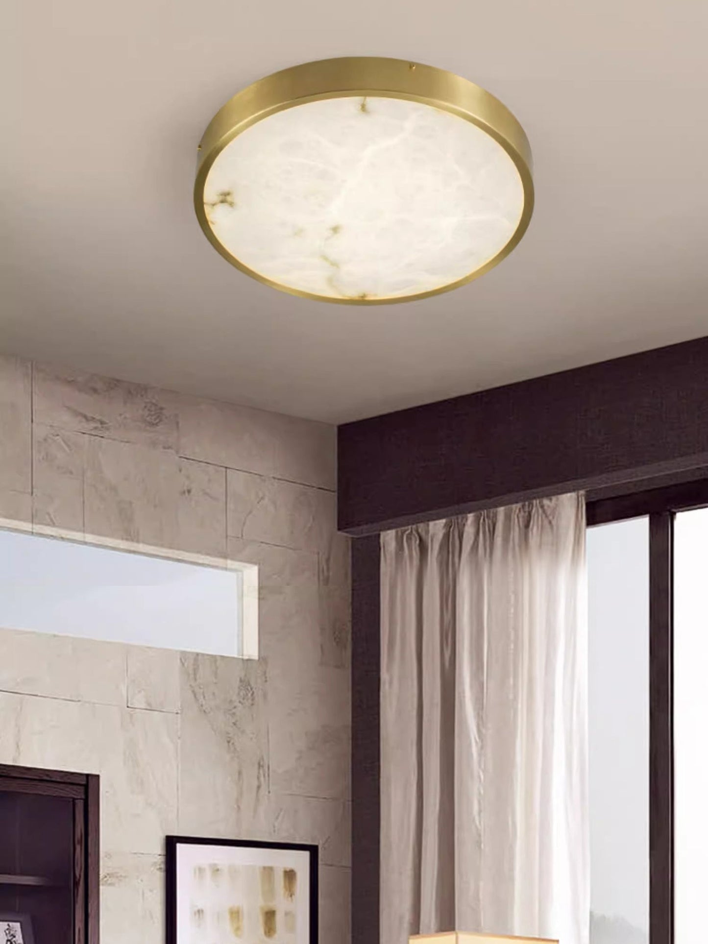 Geometric Alabaster Recessed Ceiling Light - Low-Profile Brass & Natural Alabaster LED Flush Mount