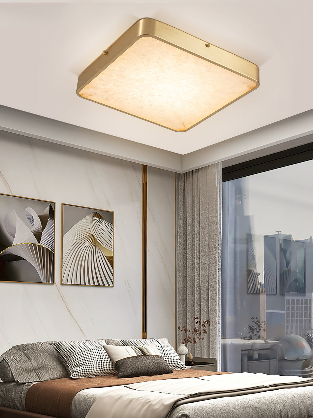 Geometric Alabaster Recessed Ceiling Light - Low-Profile Brass & Natural Alabaster LED Flush Mount