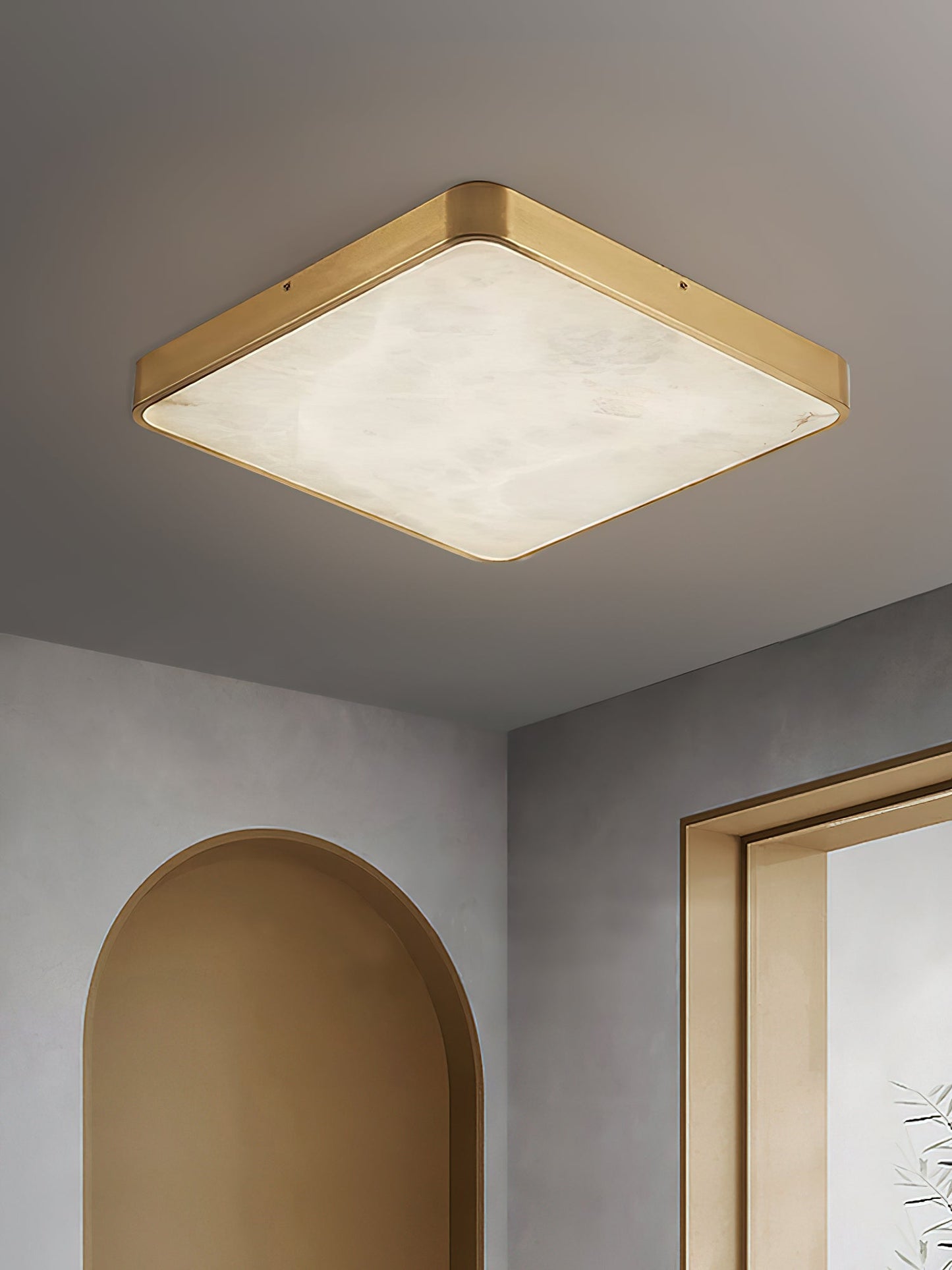 Geometric Alabaster Recessed Ceiling Light - Low-Profile Brass & Natural Alabaster LED Flush Mount