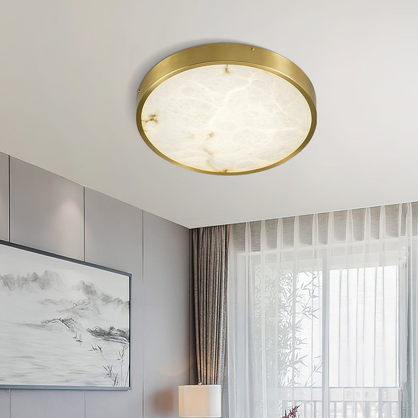 Geometric Alabaster Recessed Ceiling Light - Low-Profile Brass & Natural Alabaster LED Flush Mount