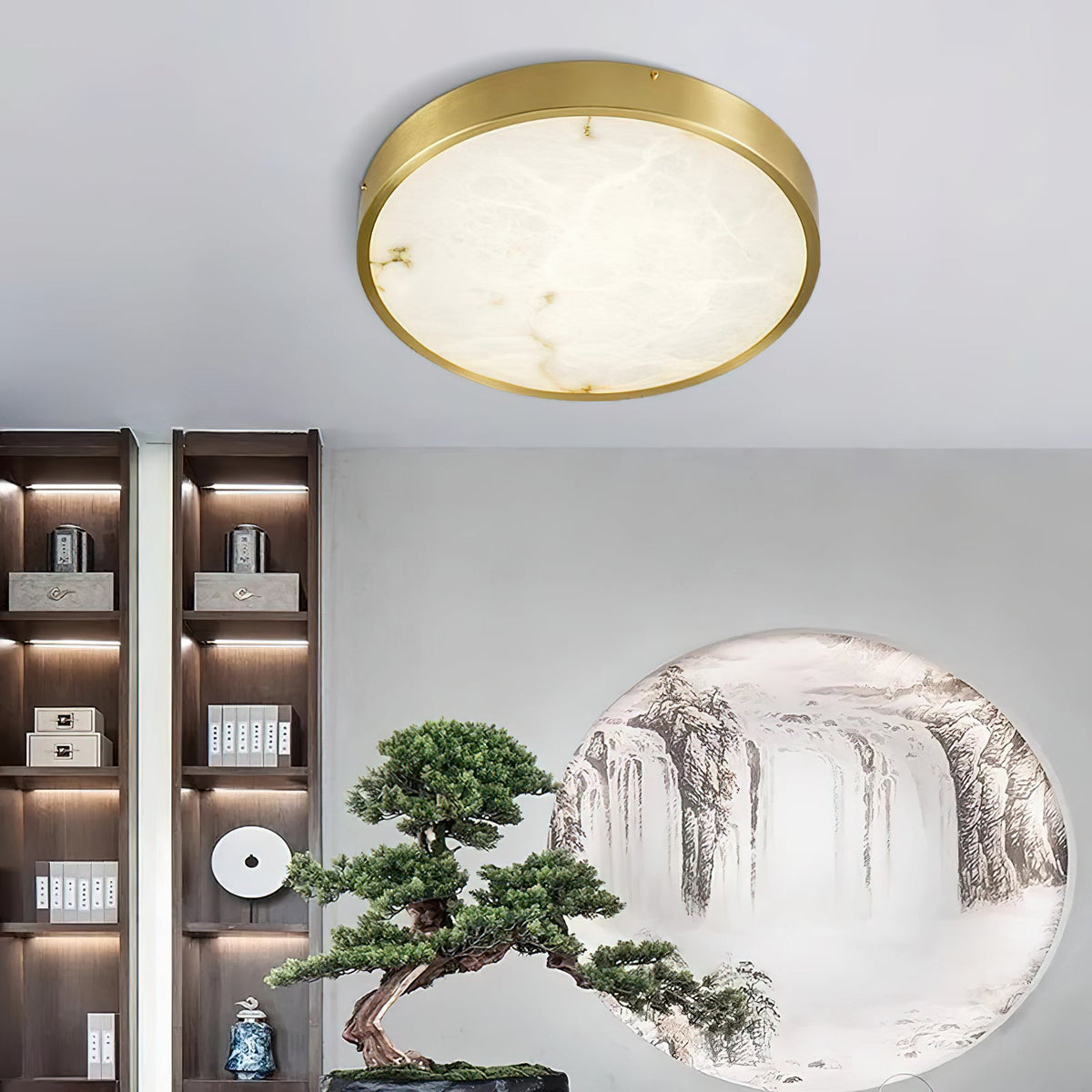 Geometric Alabaster Recessed Ceiling Light - Low-Profile Brass & Natural Alabaster LED Flush Mount
